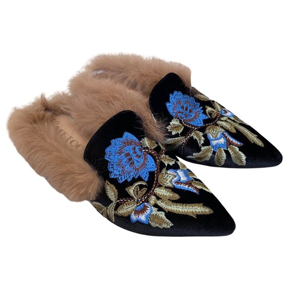 KMEIOO Embroidered Black Floral Mule with Fur Trim Slip On - Picture 2 of 6